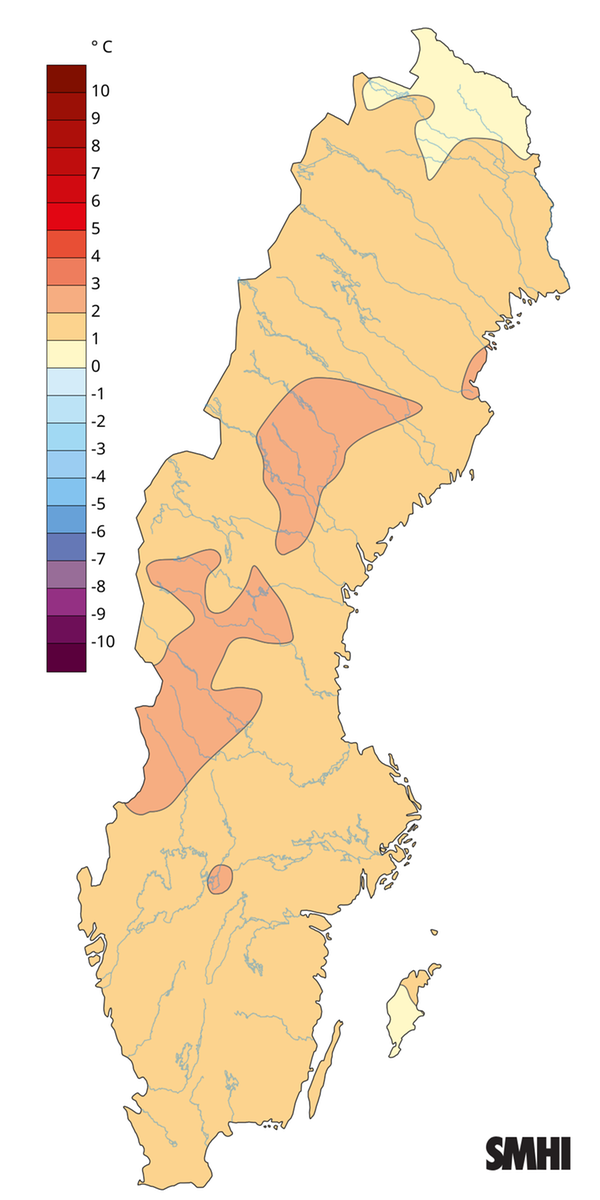 Medeltemperaturens avvikelse från normalperioden 1991-2020 för våren 2025.