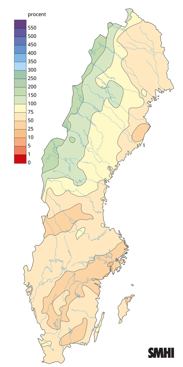 Nederbörden i procent av det normala under våren 2025.