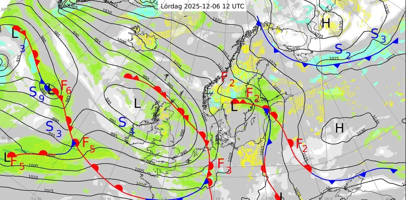 Karta över Nordatlanten och Europa med en analys av väderläget den 6 december 2025.