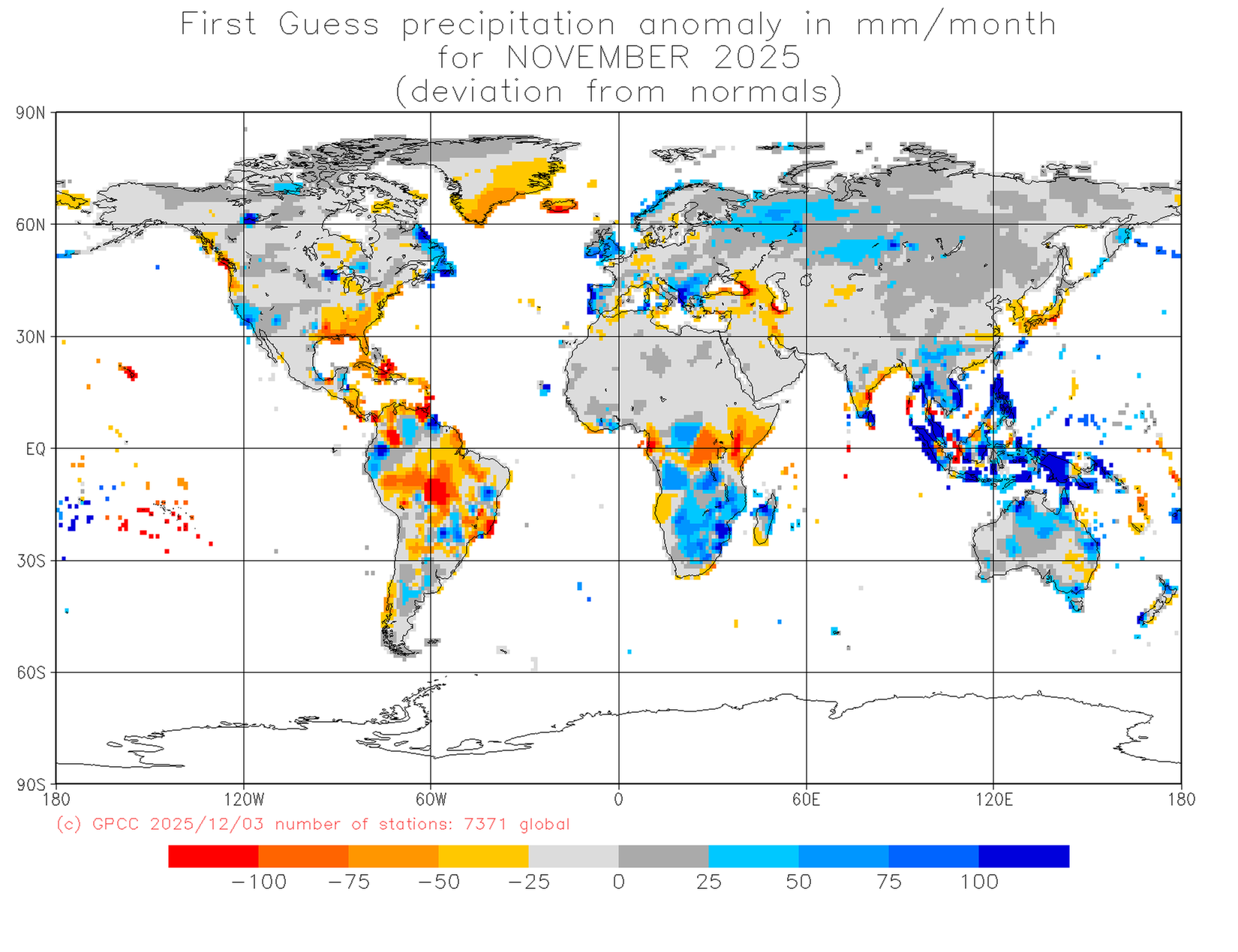 Preliminär global nederbördsanomali i november 2025. Källa: DWD (GPCC).