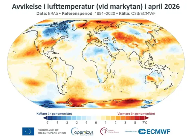 Karta som visar avvikelse värde för lufttemperatur över hela världen.