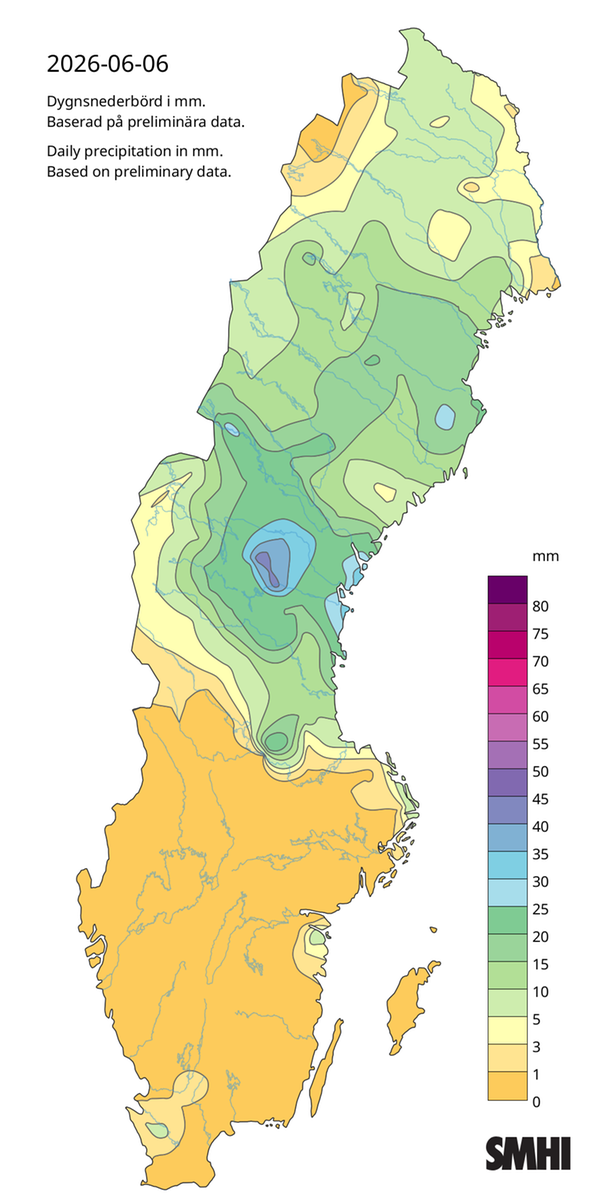 Dygnsnederbörd i mm för den 6 juni 2026. Källa: SMHI.