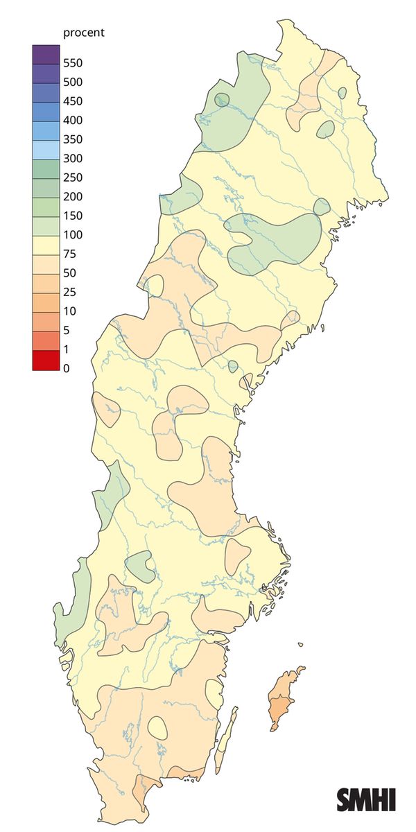 Nederbörden i procent av det normala under våren 2026.