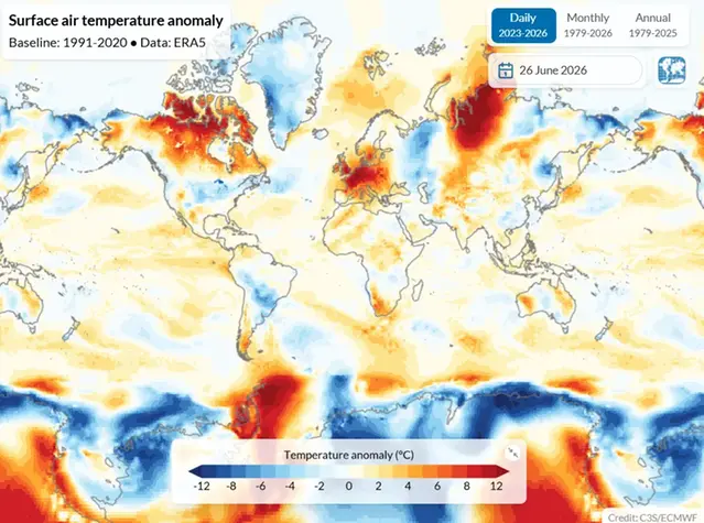 Världskarta med temperaturens avvikelse från det normala den 26 juni 2026.