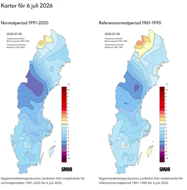 Två kartor med temperaturens avvikelse från det normala den 6 juli 2026.