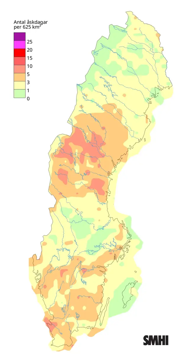 Antal åskdagar under juni 2026.