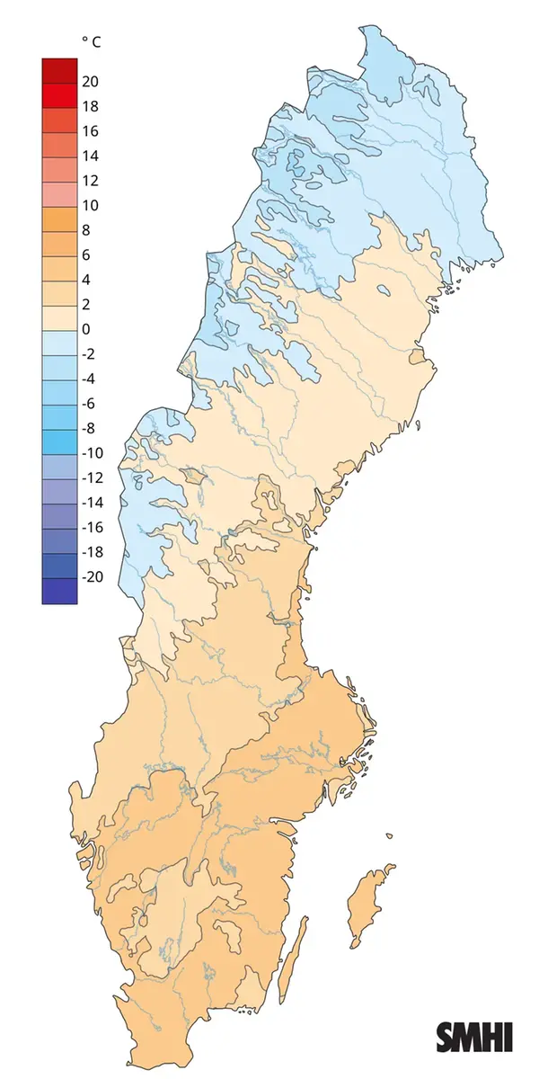 Månadsmedeltemperaturen under mars 2026.