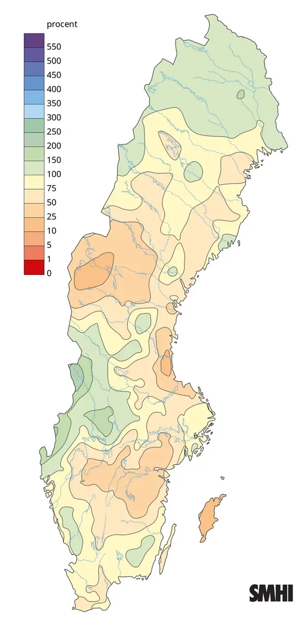 Nederbörden i procent av normalperioden 1991-2020 för mars 2026.