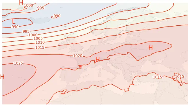 Medellufttryck i Europa i mars 2026.