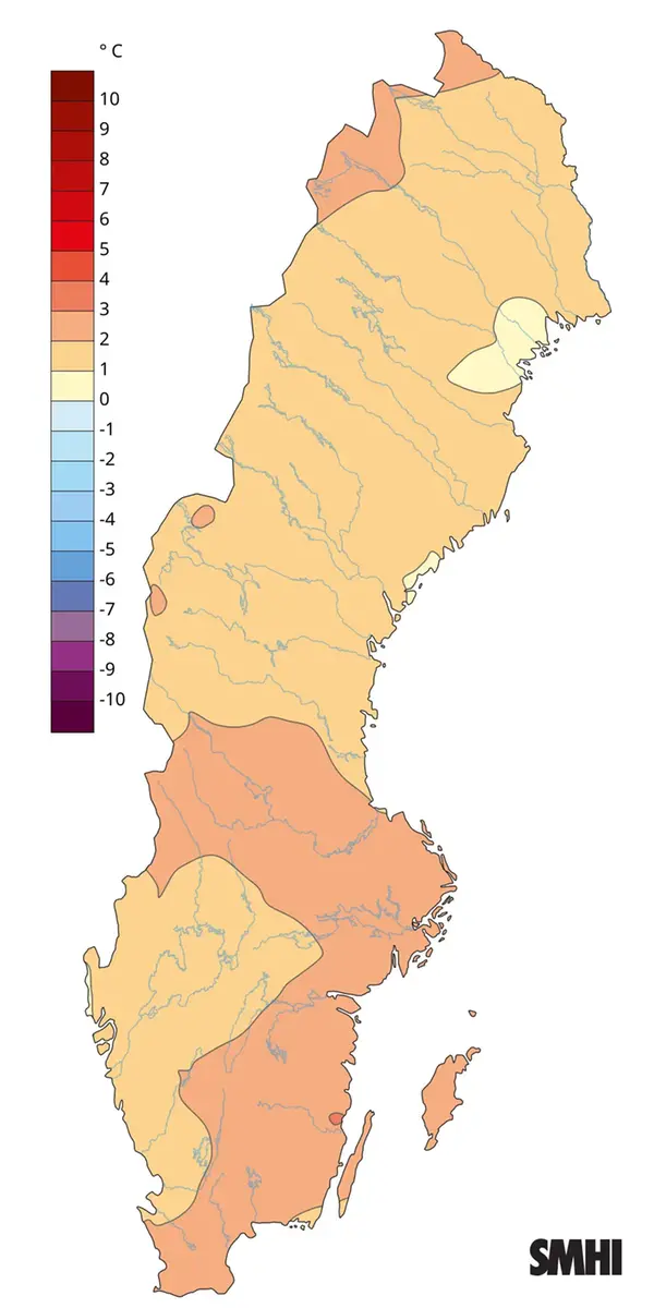 Medeltemperaturens avvikelse från normalperioden 1991-2020 för juni 2026.