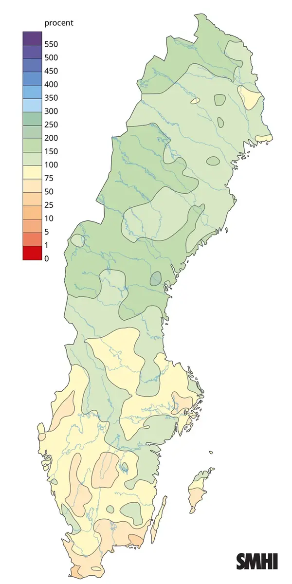 Nederbörden i procent av normalperioden 1991-2020 för juni 2026.