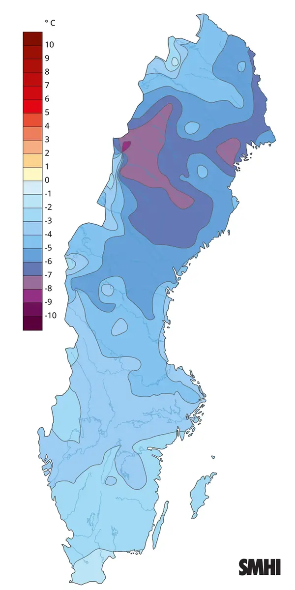 Medeltemperaturens avvikelse från normalperioden 1991-2020 för februari 2026.