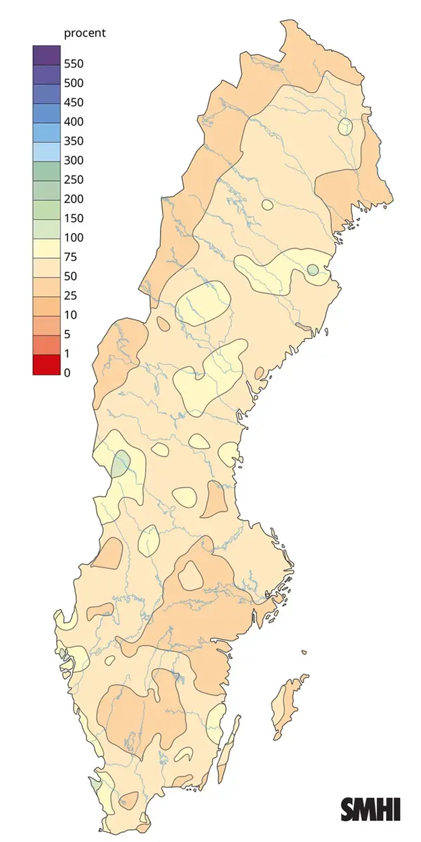 Nederbörden i procent av normalperioden 1991-2020 för februari 2026.