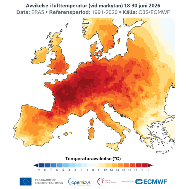 Temperaturavvikelse i västeuropa 18-30 juni 2026