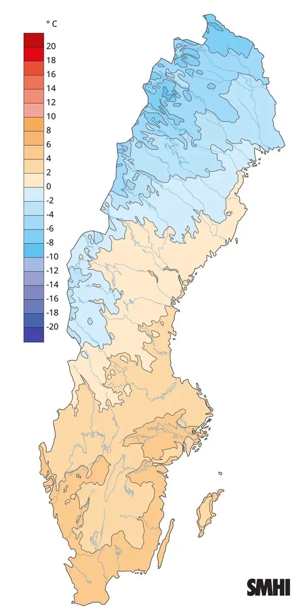 Månadsmedeltemperaturen under mars 2025.