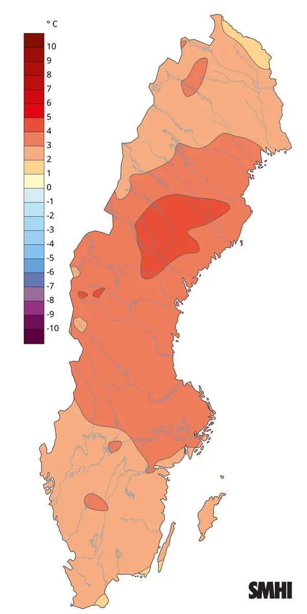 Medeltemperaturens avvikelse från normalperioden 1991-2020 för mars 2025.