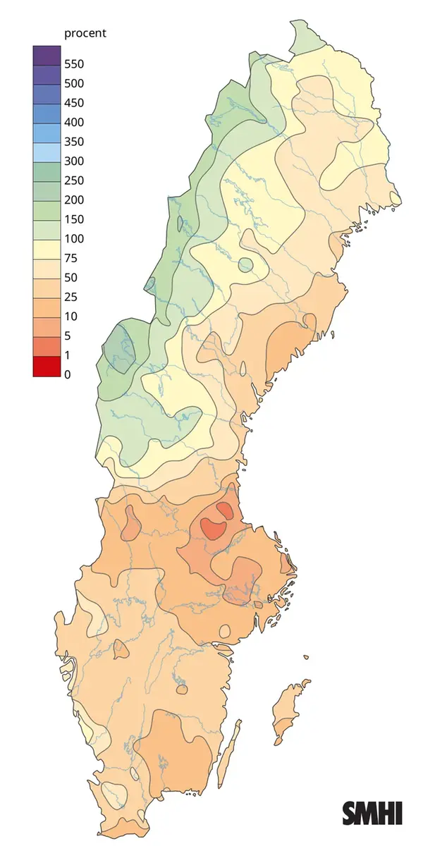 Nederbörden i procent av normalperioden 1991-2020 för mars 2025.