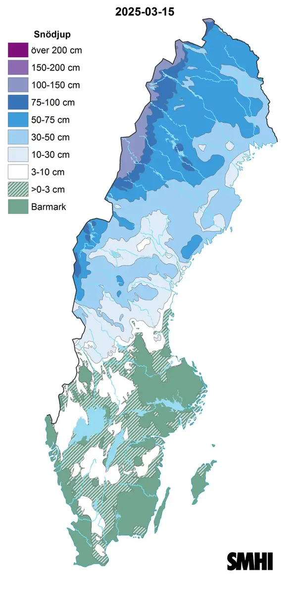 Snödjup den 15 mars 2025.