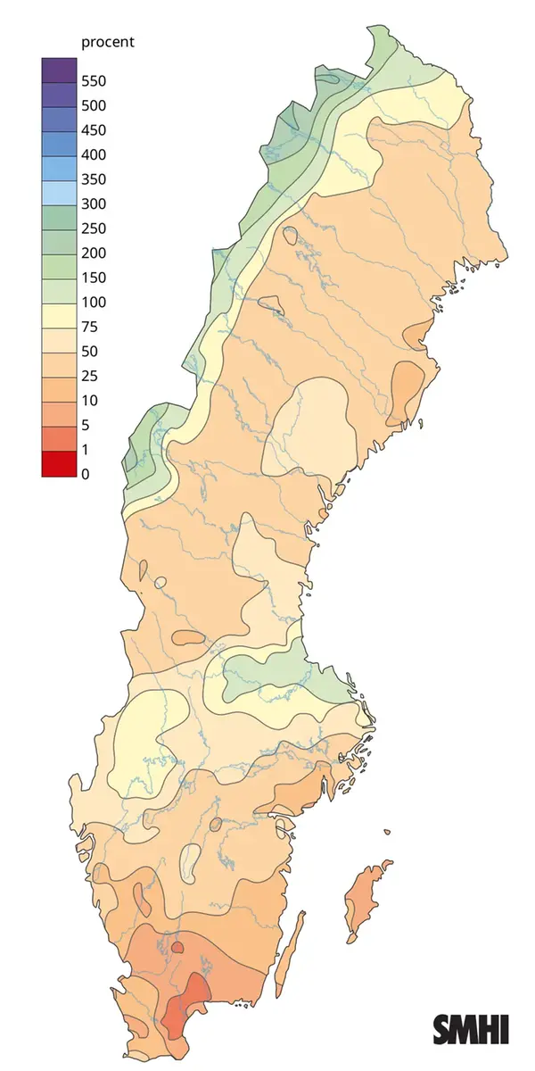 Nederbörden i procent av normalperioden 1991-2020 för april 2025.