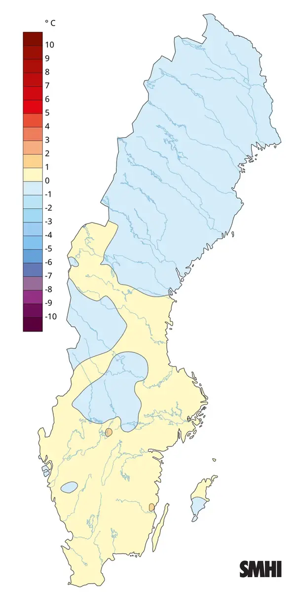 Medeltemperaturens avvikelse från normalperioden 1991-2020 för juni 2025.