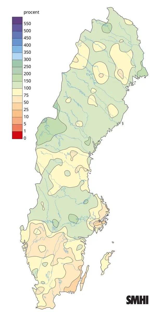 Nederbörden i procent av normalperioden 1991-2020 för juni 2025.