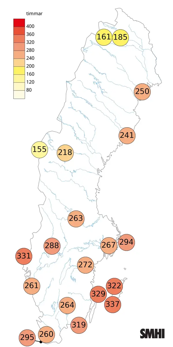 Antal soltimmar i juni 2025.