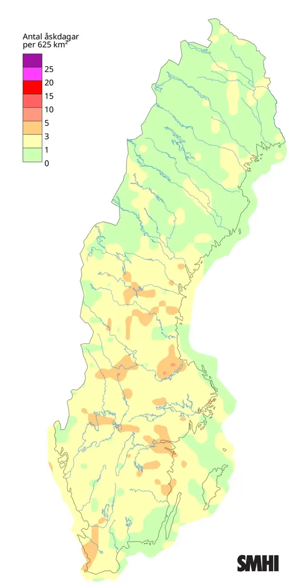Antal åskdagar under juni 2025.