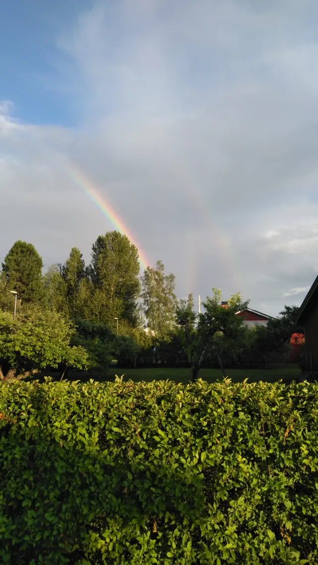 Bild på en dubbel regnbåge samt en reflekterande regnbåge från den 25 juni