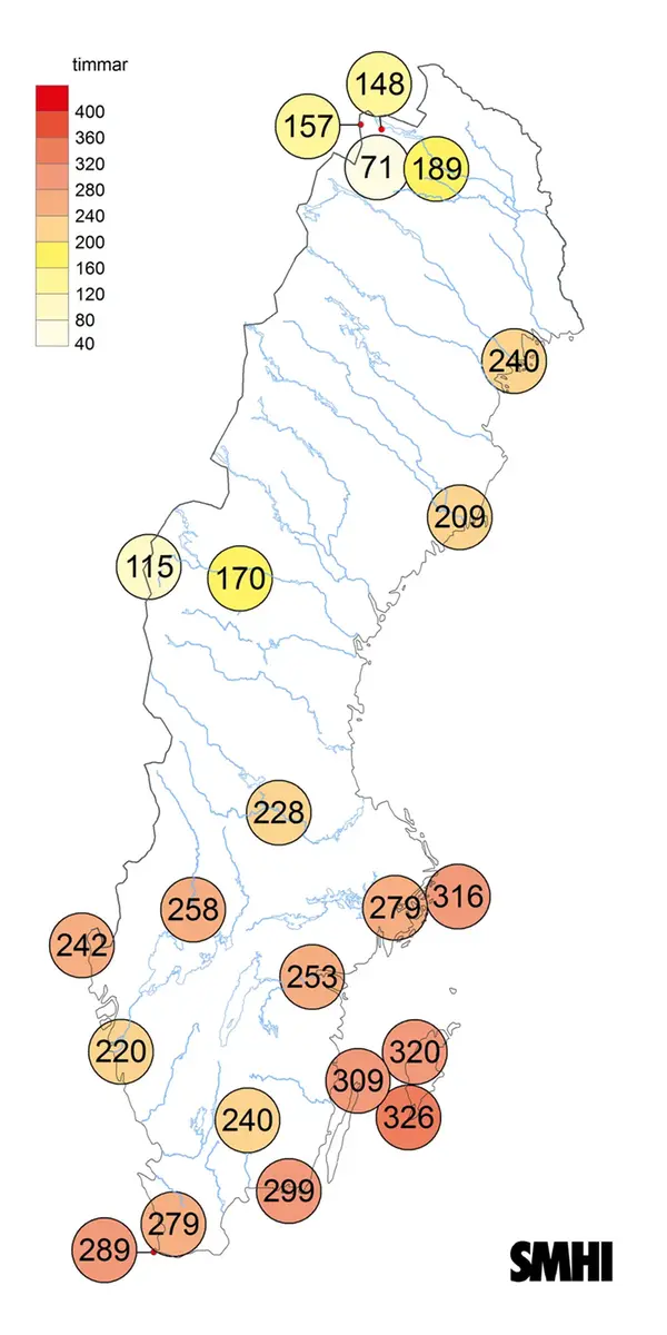 Karta över antal soltimmar i augusti 2024.