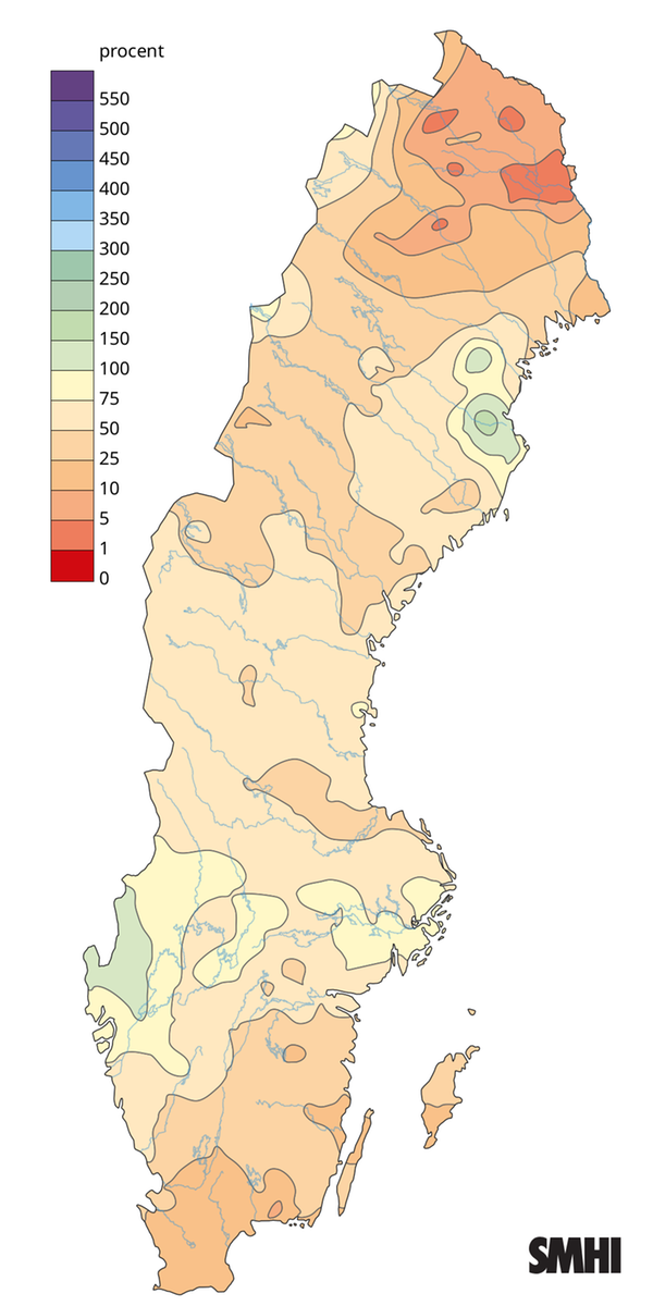 Nederbörden i procent av normalperioden 1991-2020 för april 2026.