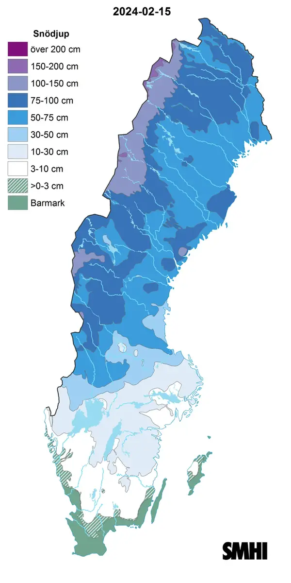 Sverigekarta som visar snödjupet den 15 februari 2024