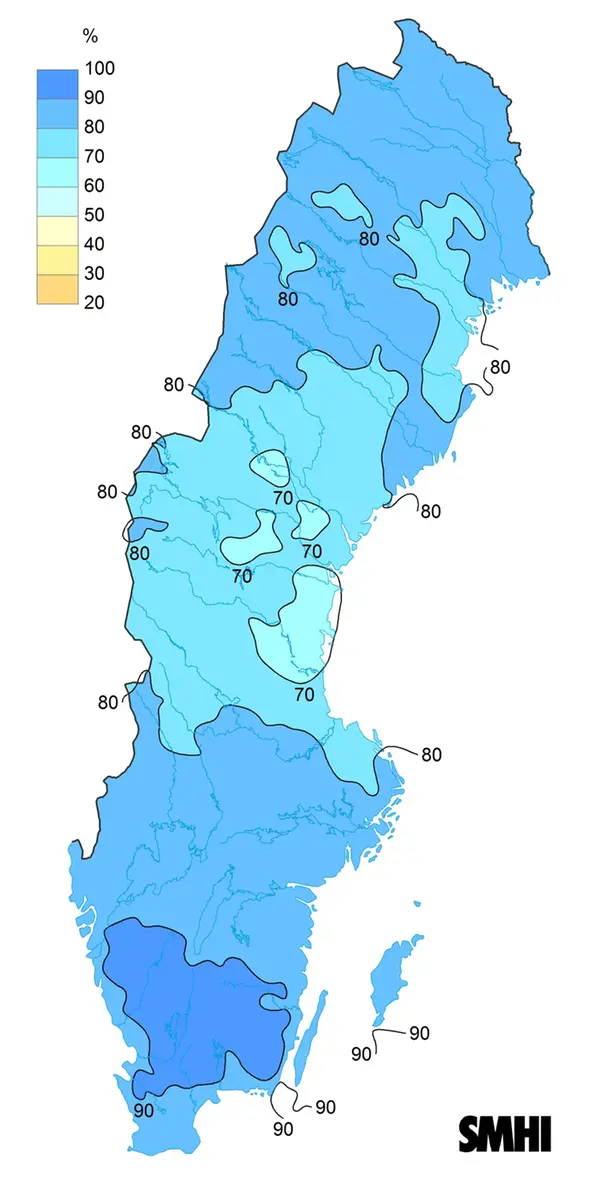 Medelvärde av molnighet klockan 07, 13 och 19 under februari 2024.