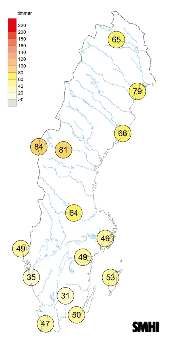 Sverigekarta som visar antal soltimmar under februari 2024.