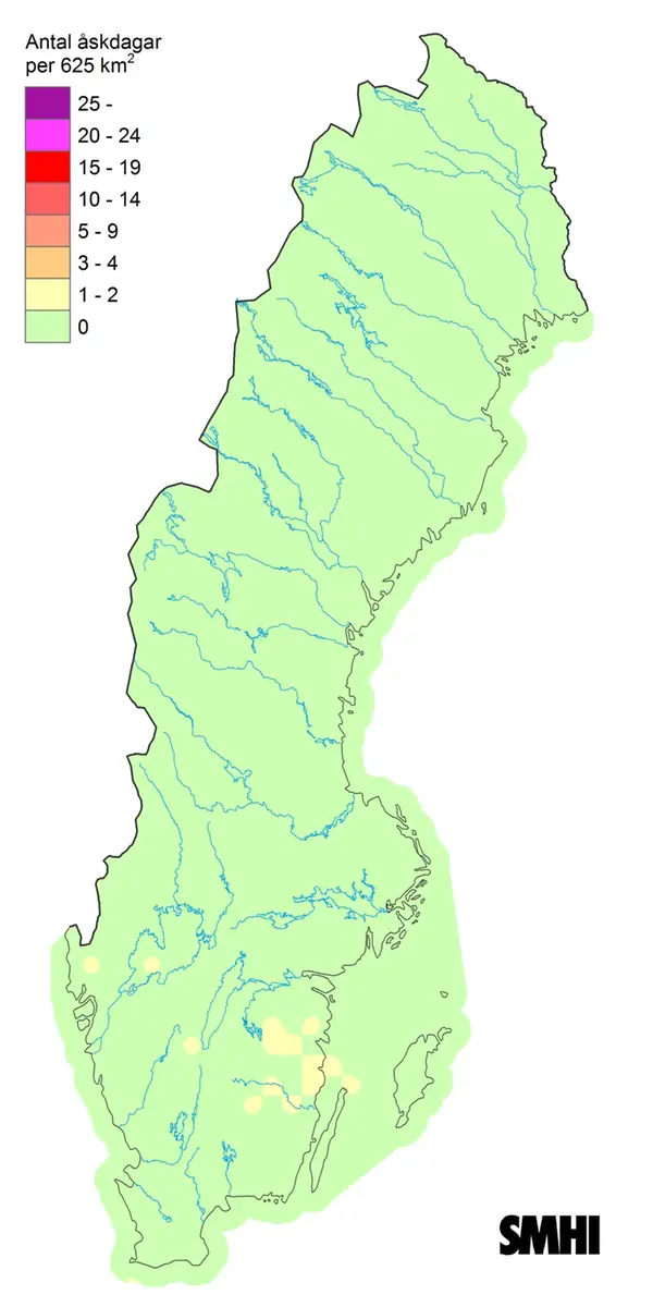 Sverigekarta som visar antal åskdagar under februari 2024.