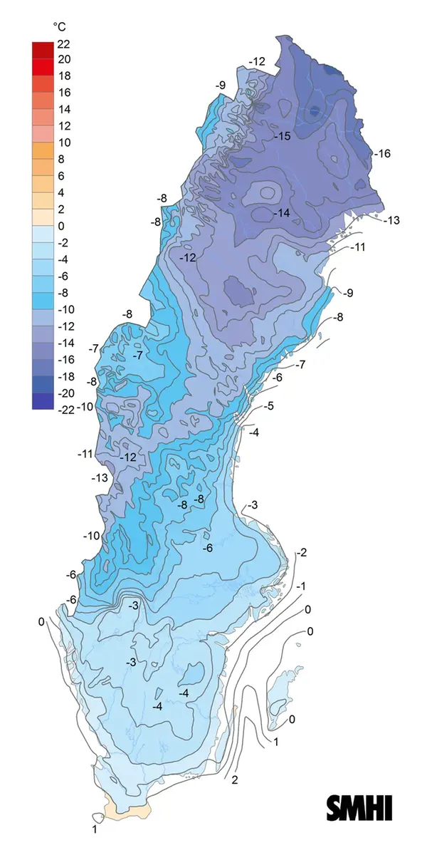 Sverigekarta som visar månadsmedeltemperaturen under januari 2024.