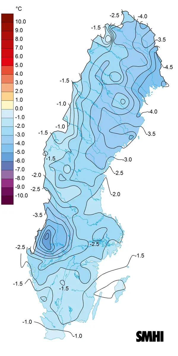 Medeltemperaturens avvikelse från det normala under januari 2024.