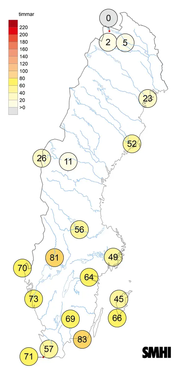 Sverigekarta som visar antal soltimmar under januari 2024.