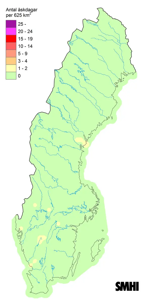 Sverigekarta som visar antal åskdagar under januari 2024.