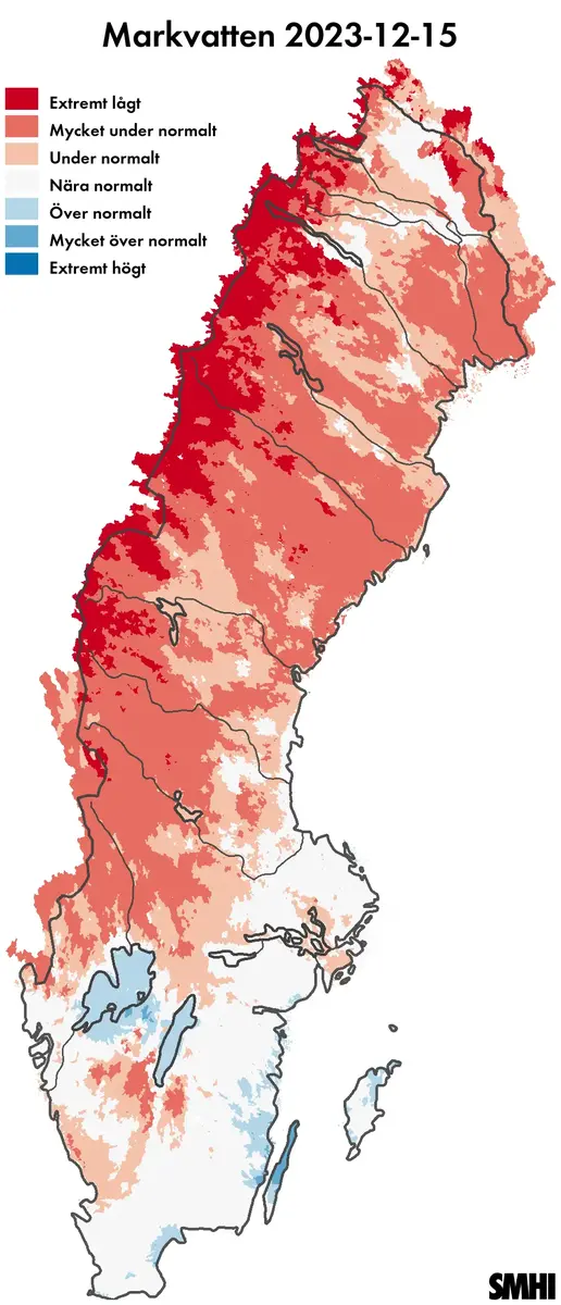 Kartan visar beräknad markvattenhalt 15 december  2023 jämfört med medelvärdet för samma dag sedan 1981.