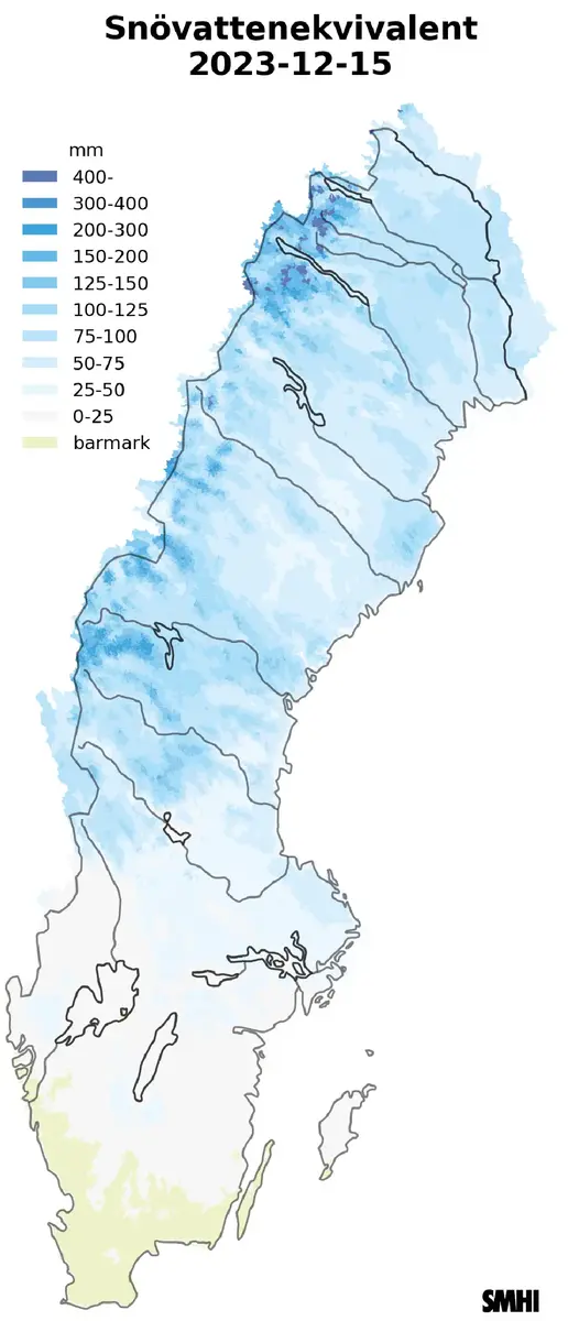 Karta över snötäckets beräknade vattenvärde 15 december 2023.