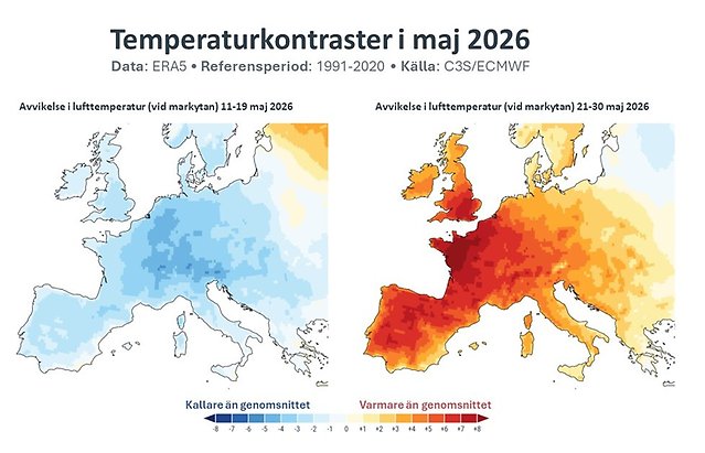 Bilden visar en kontrast mellan när Europa var som kallast och varmast.
