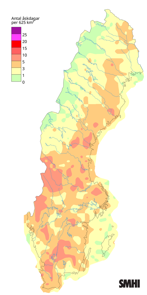 Antal åskdagar under juli 2026.
