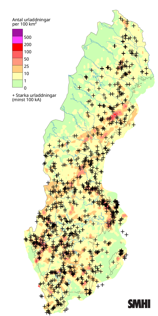 Totalt antal blixtar under juli 2026.