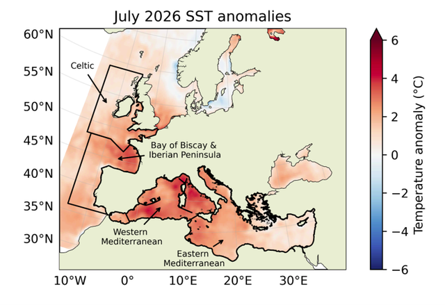 Karta över Europa som visar yttemperaturen i havet.