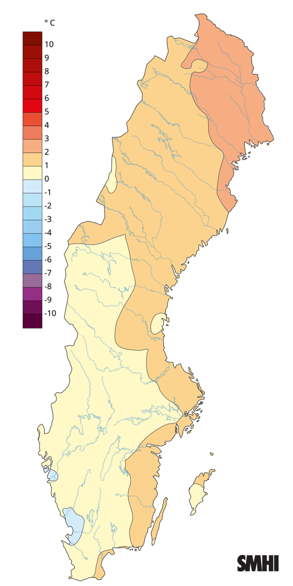 Medeltemperaturens avvikelse från normalperioden 1991-2020 för maj 2026.