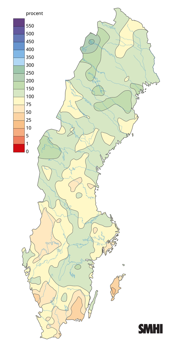 Nederbörden i procent av normalperioden 1991-2020 för maj 2026.