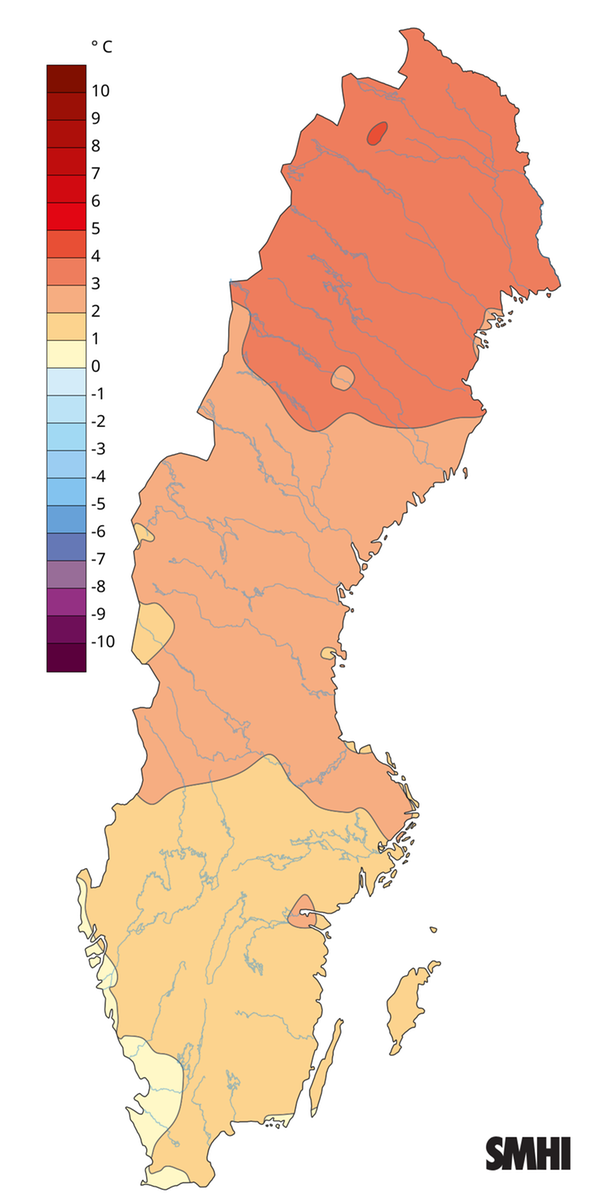 Medeltemperaturens avvikelse från normalperioden 1991-2020 för våren 2026.