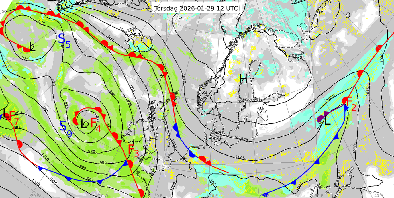 Analyskarta som visar väderläget över Sverige från klockan 13 den 29 januari.