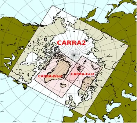 En karta med området norr om 60:e breddgraden markerad, med två rektanglar som markerar de tidigare områdena CARRA-West (kring Grönland) och CARRA-East (bland annat Norra Skandinavien och Svalbard). 