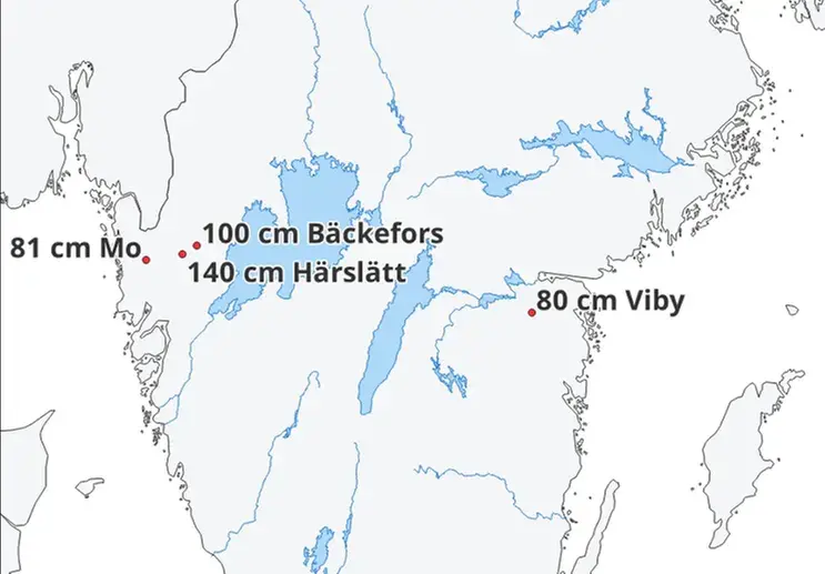 Karta över Götaland med ett urval av de största observerade snödjupen i december 1955.